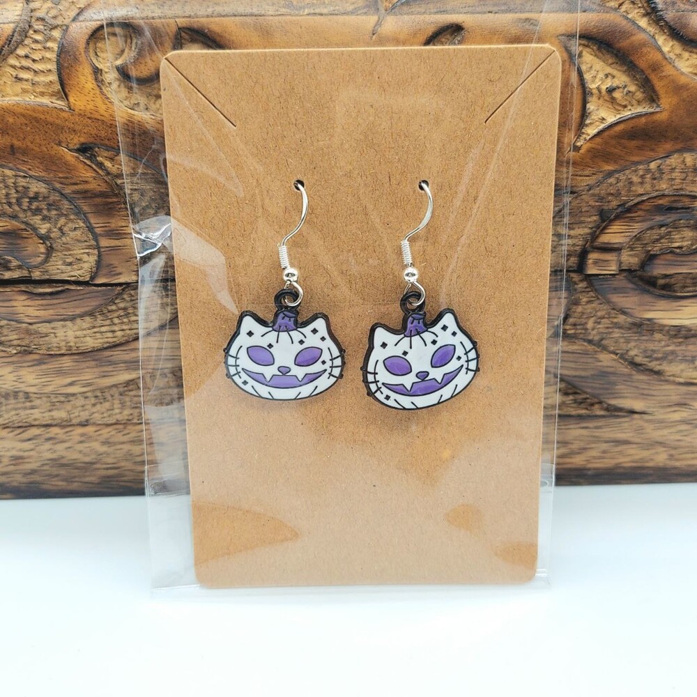 Cat O Lantern Pumpkin Earrings Halloween Earrings White and Purple - Picture 1 of 2
